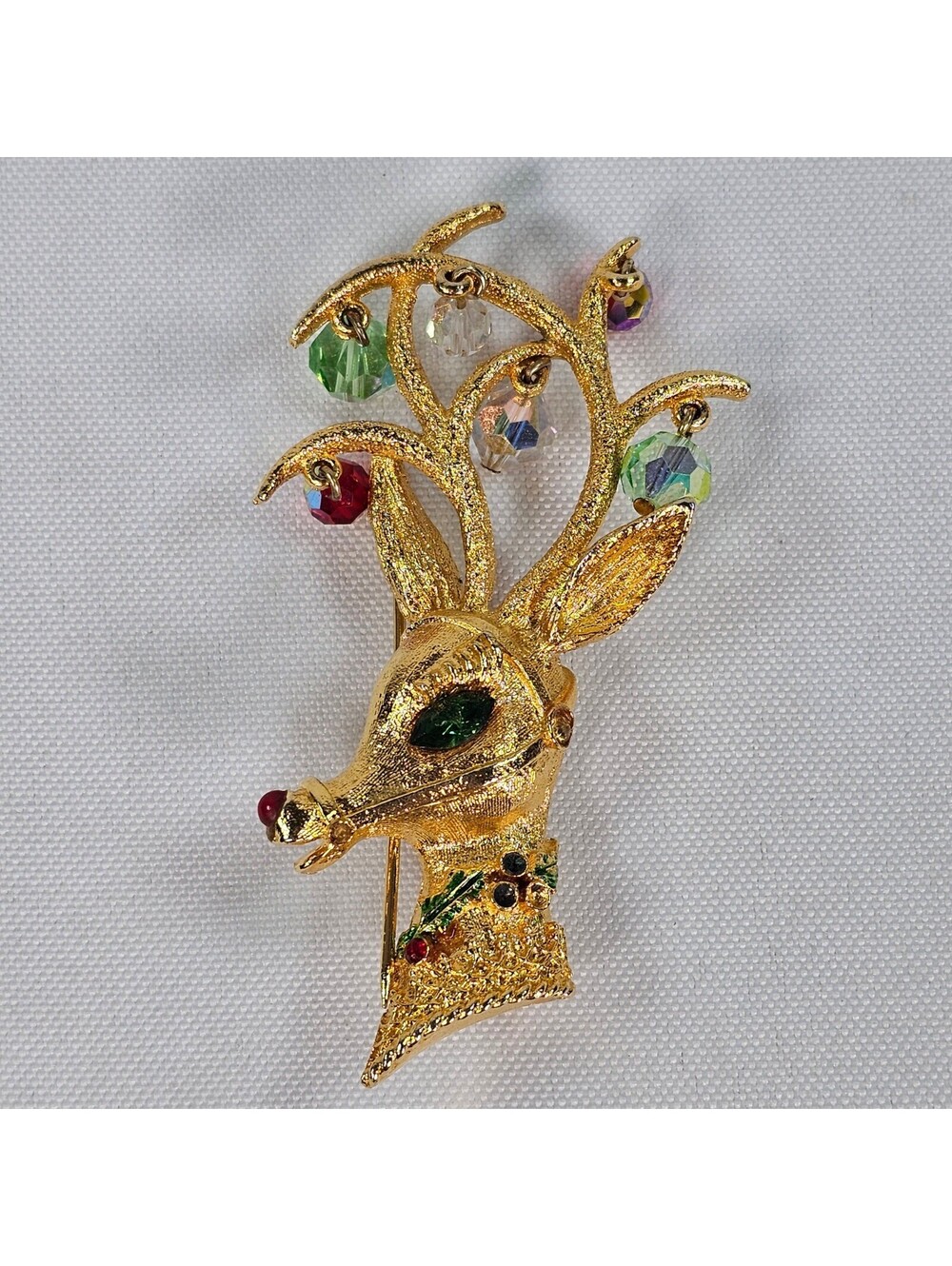 Vintage MYLU Christmas Reindeer Brooch Gold Tone Crystal Dangle Antlers Pin